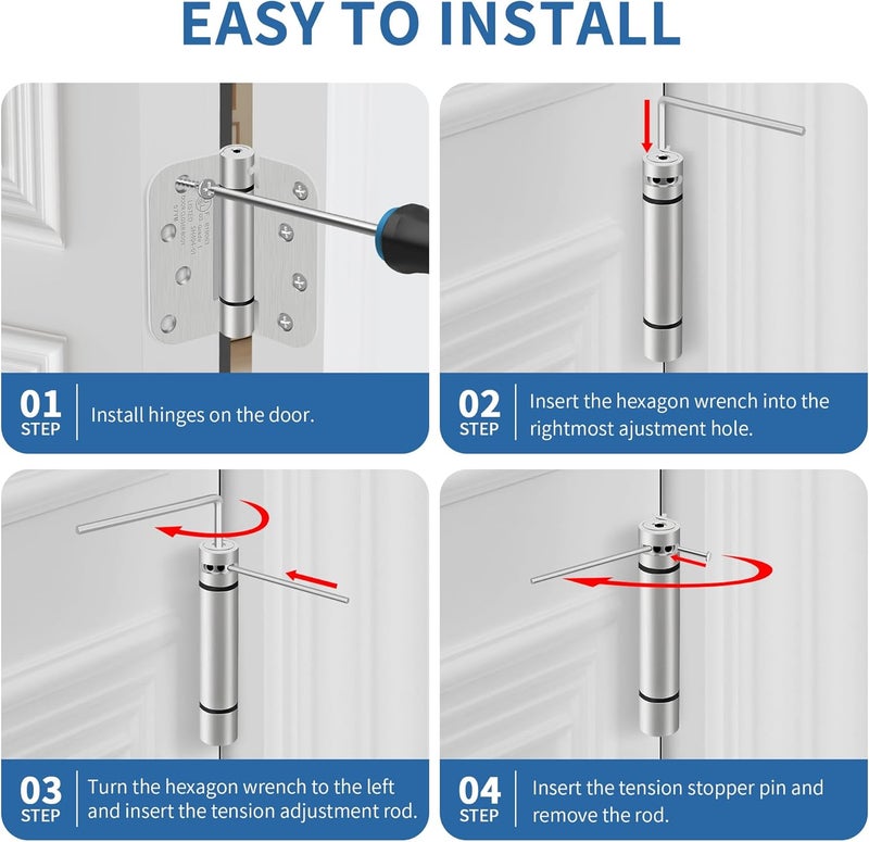 IOQ 4 Inch Self Closing Door Hinges, 5/8" Radius Corners Spring Loaded Hinges for Exterior, Garage, Front and Back Door, UL Listed, for Left and Right Hand Door, Brushed Nickel, 3 Pack - Image 5